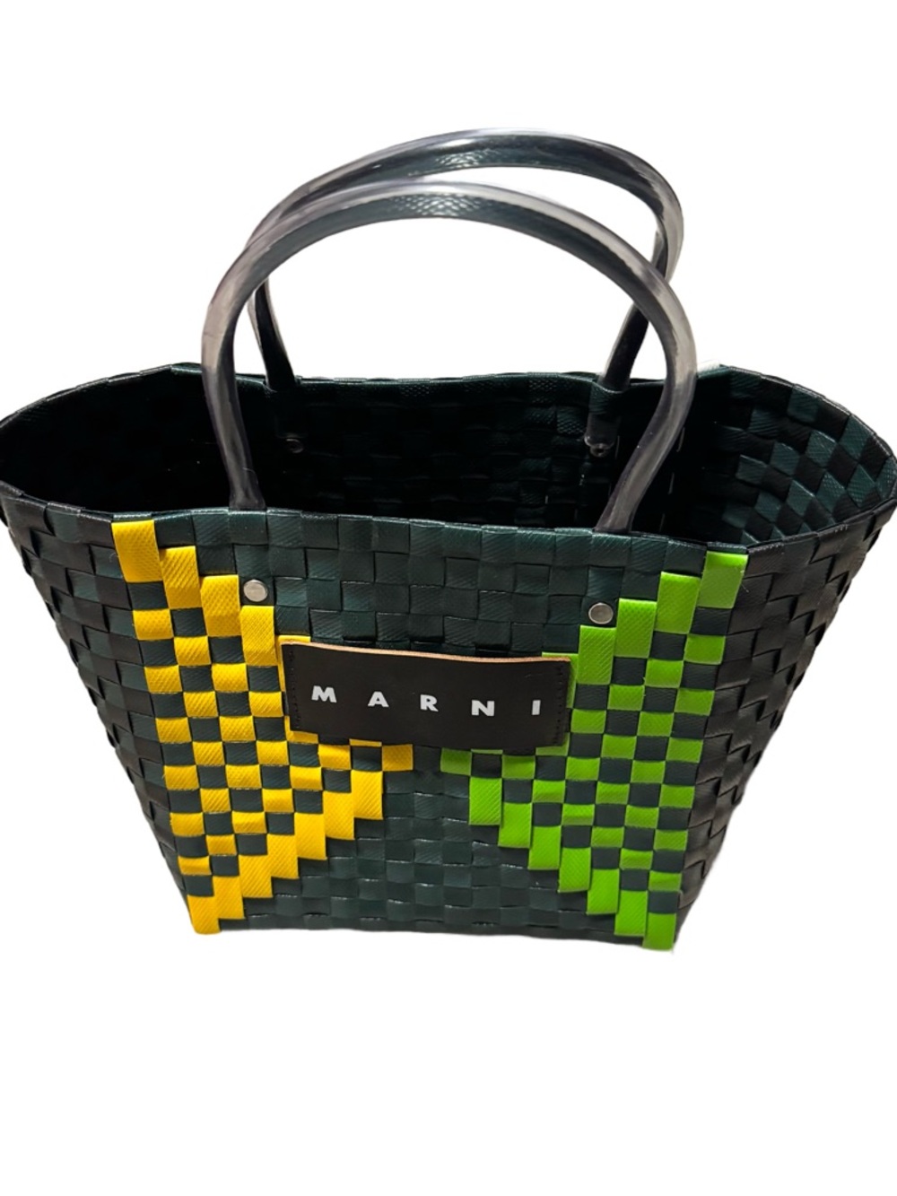 Marni Market Basket Bag Woven PVC Top Handle Tote Purse Green Yellow Designer - Picture 3 of 8